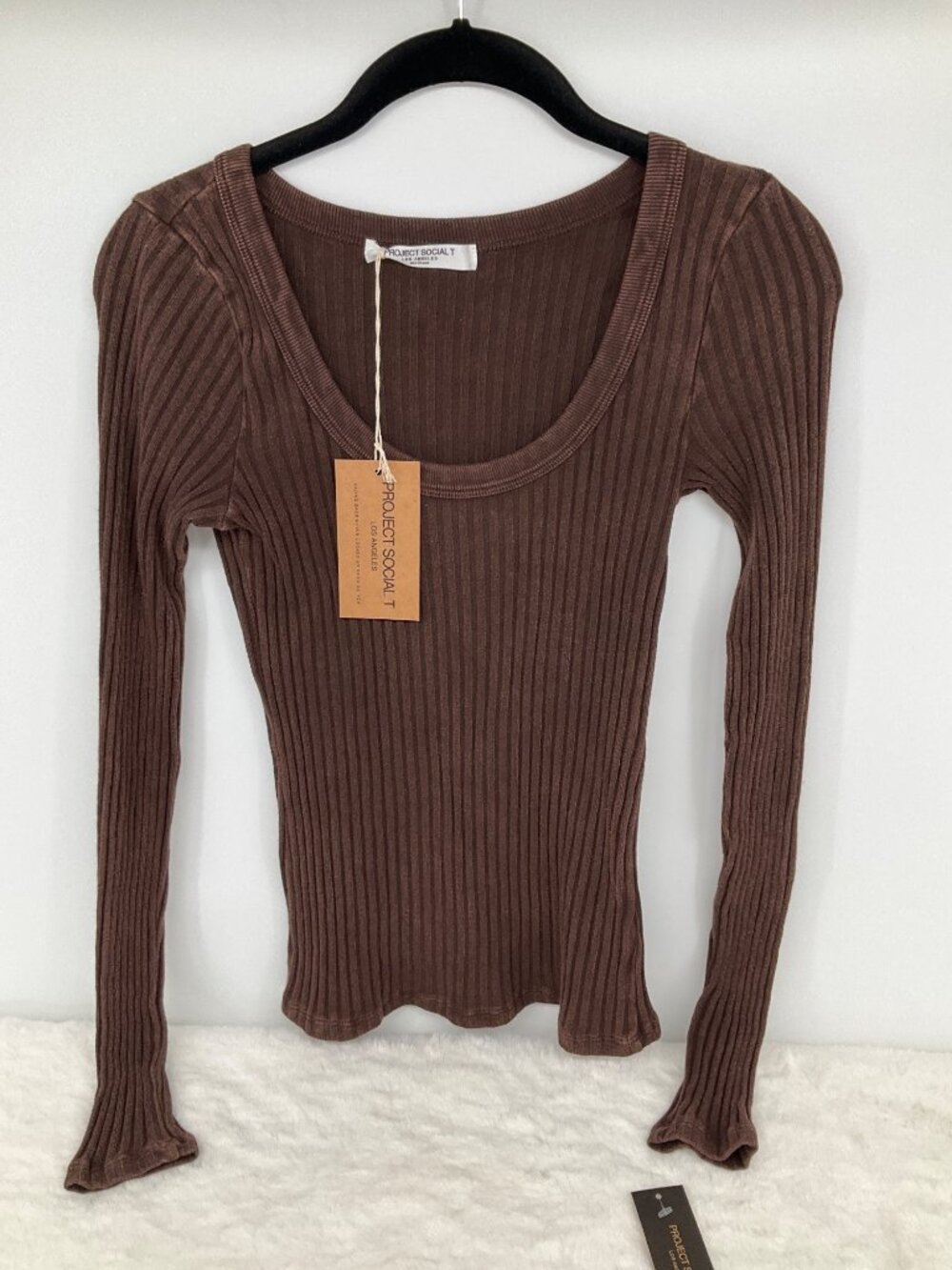 Project Social T size Medium NEW What's The Scoop Washed Rib Long Sleeve Brown - Picture 2 of 7